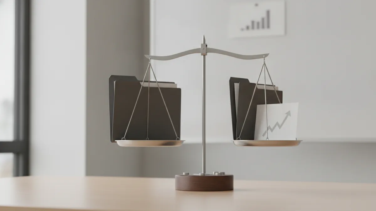 Scale and folders suggesting trademark valuation and risk balance