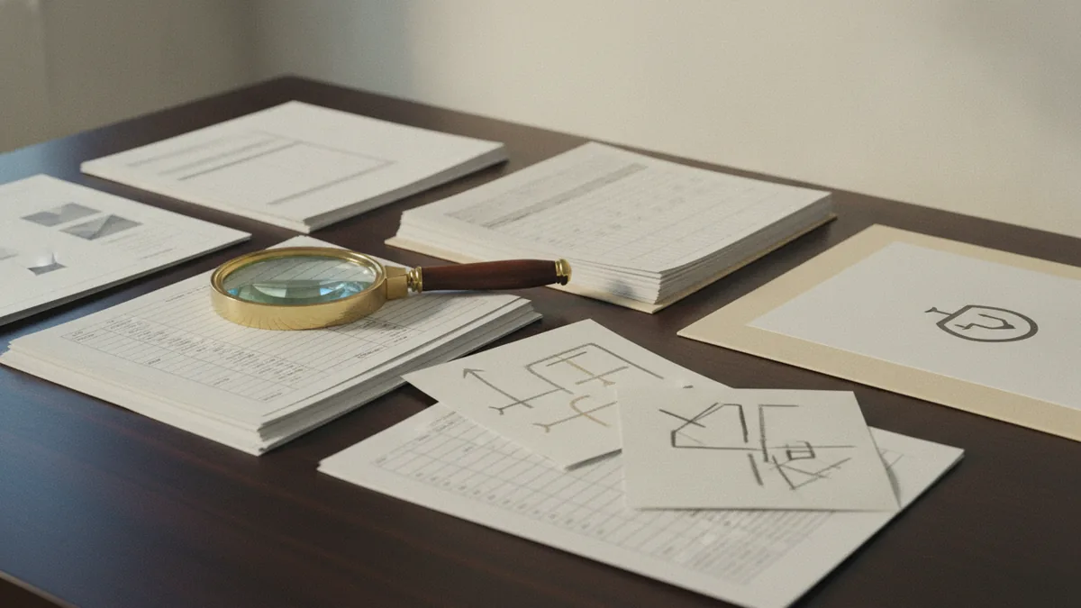 Trademark database search planning with files, notes, and a magnifying glass