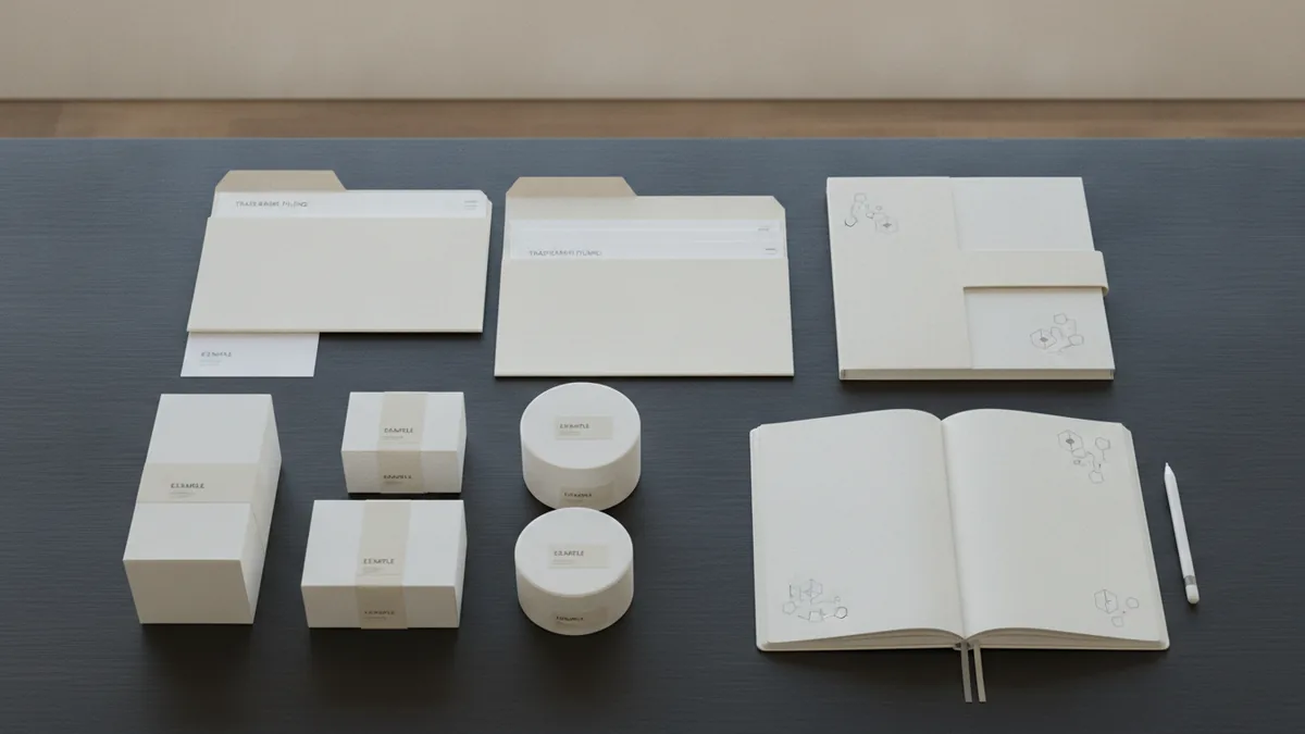 Trademark filing steps and materials Organized trademark filing materials arranged beside product packaging on a desk