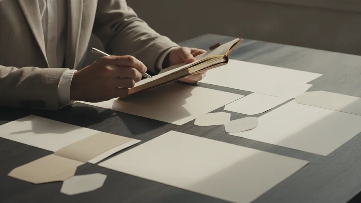 A business owner checking branding materials to prepare a trademark application.