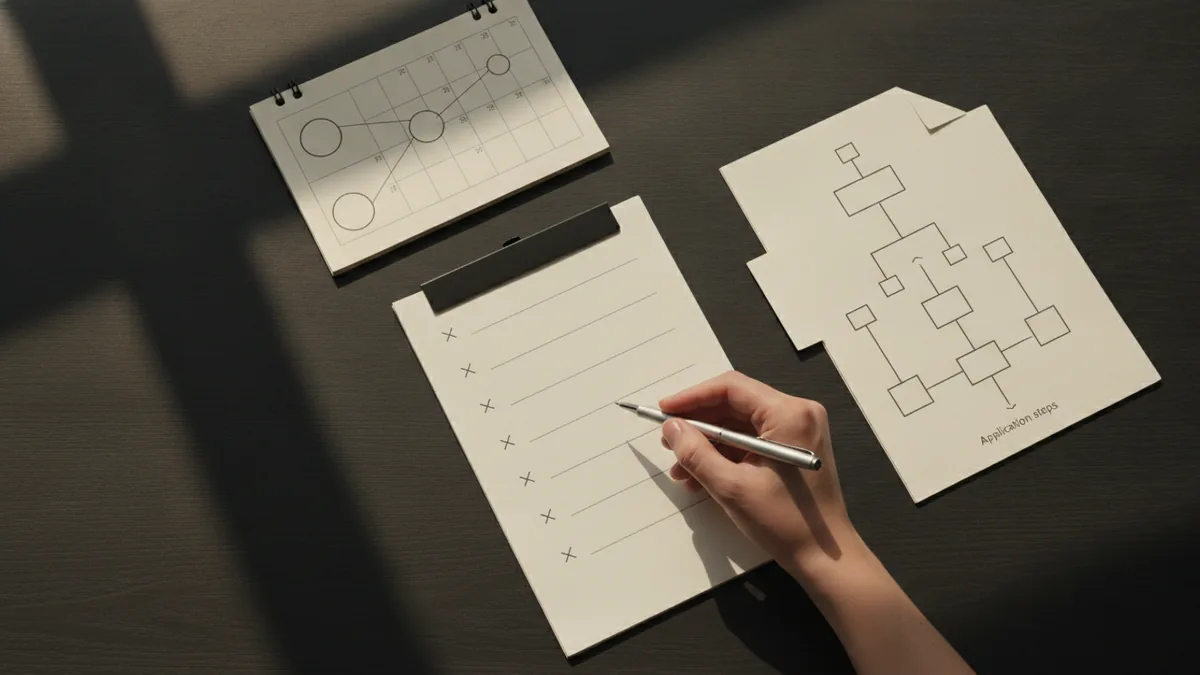Process timeline and filings A timeline and document workflow scene representing the trademark registration process steps.