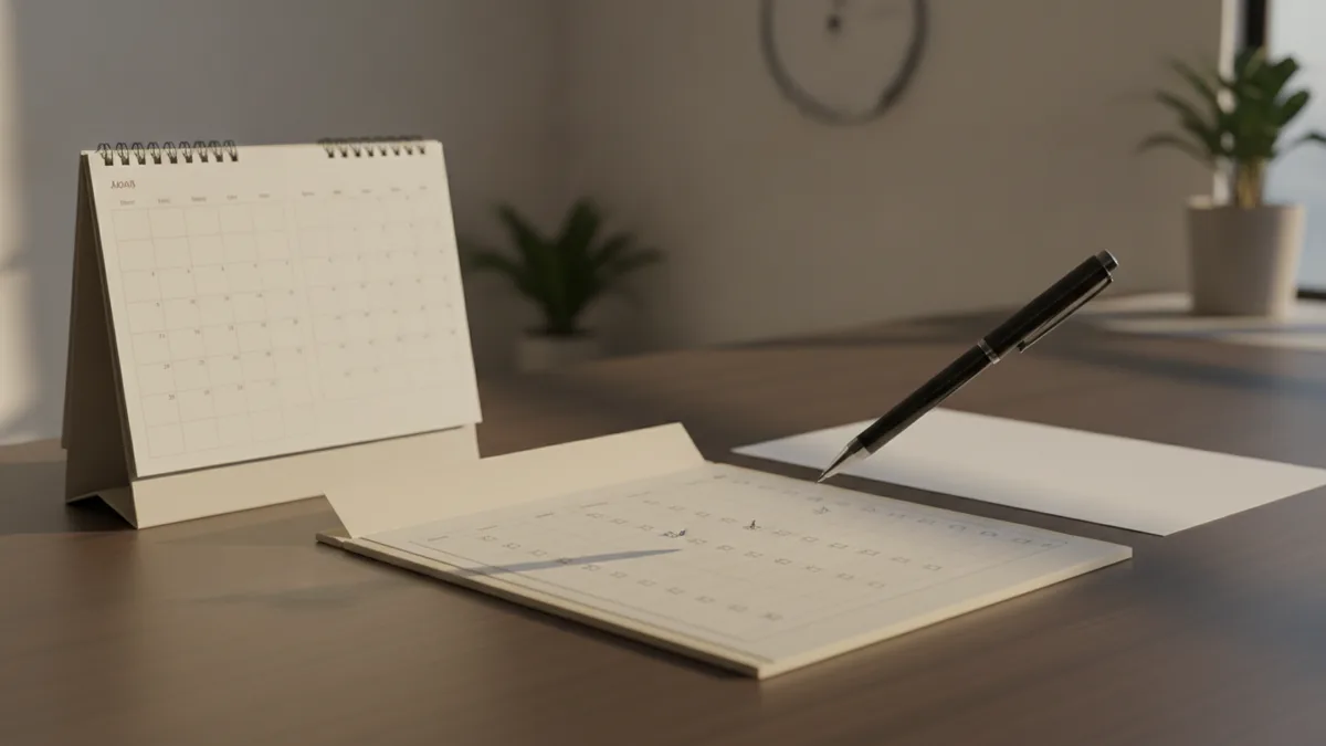 Desk workflow scene with a calendar and application folder representing the registration timeline