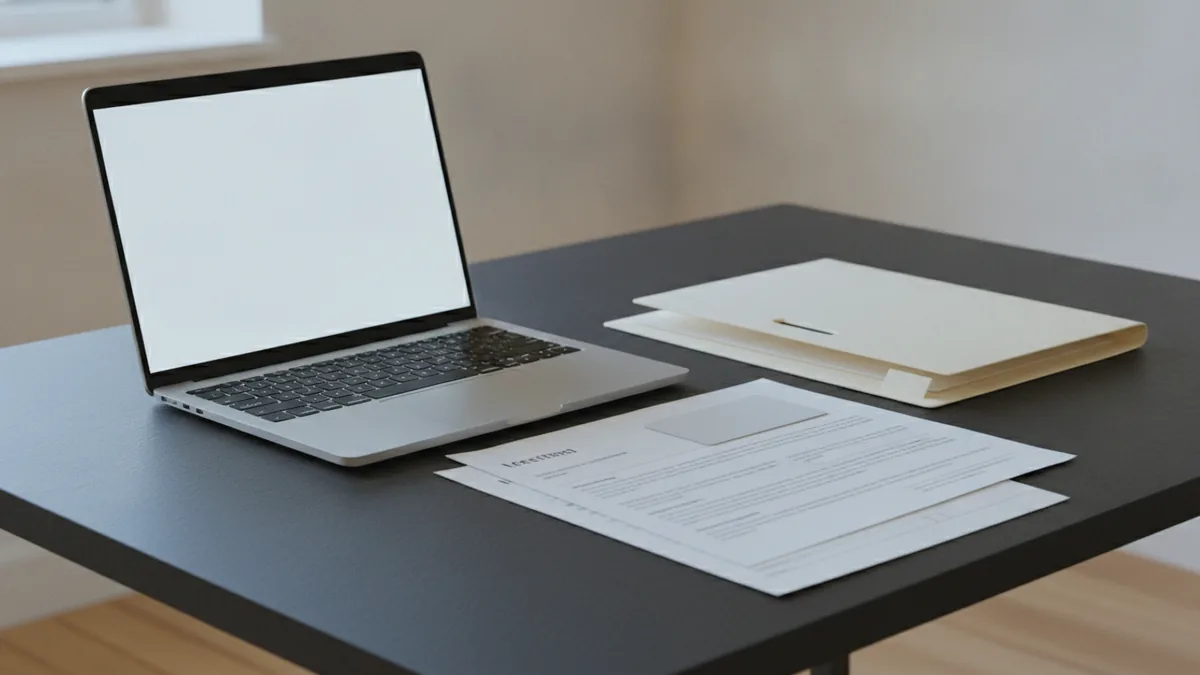 Filing business registration details Online business filing setup with laptop, payment card, and organized documents