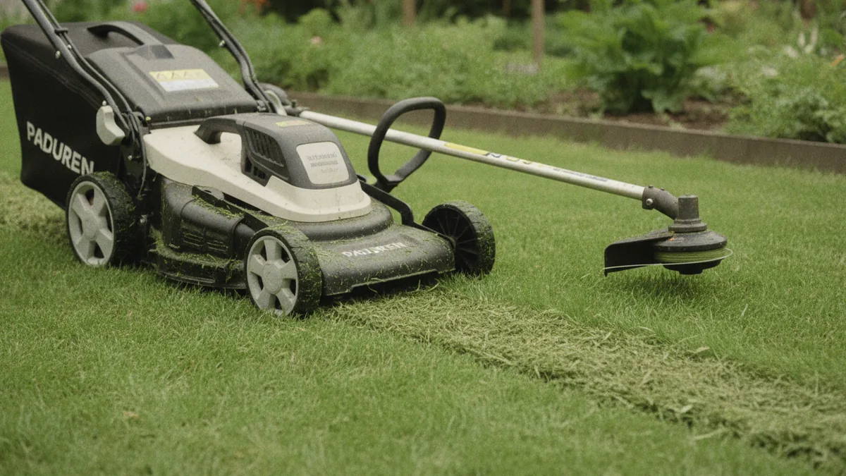Mower and trimmer essentials Mower and trimmer used for mowing and edging in a typical residential yard.