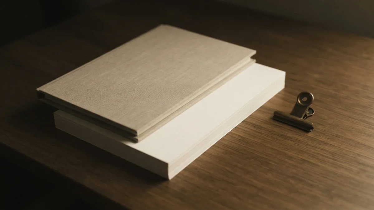 Blank papers, linen folder, and brass clip arranged for a formal company complaint
