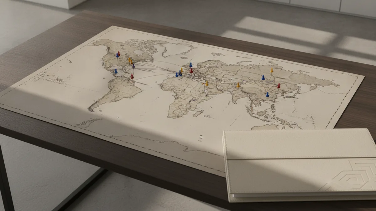 Desk map with route pins showing international brand expansion