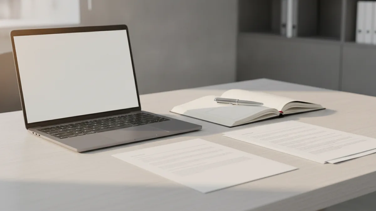 Preparing to research a phrase Laptop and documents ready for trademark search and planning