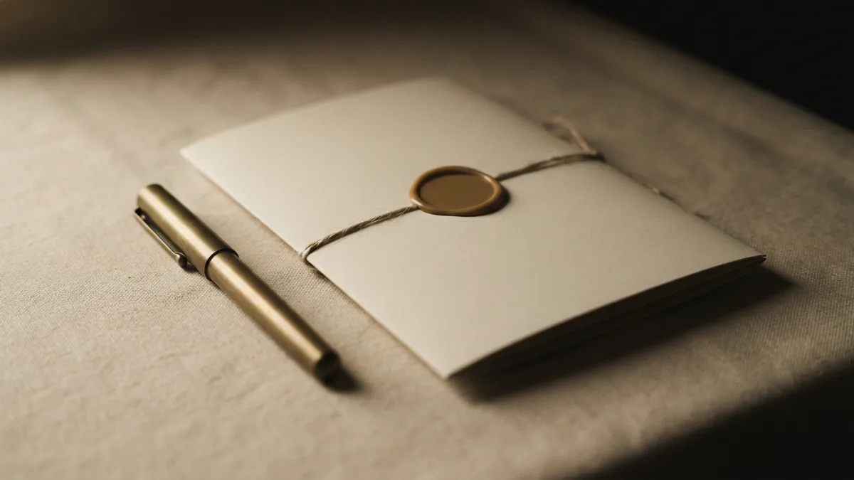 Preparing the trademark filing Sealed folder and brass pen representing an artwork trademark application