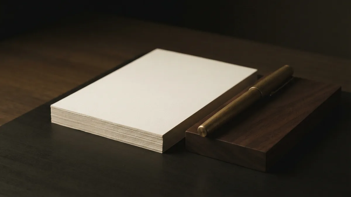 Blank paper stack, wood block, and brass pen arranged for careful planning