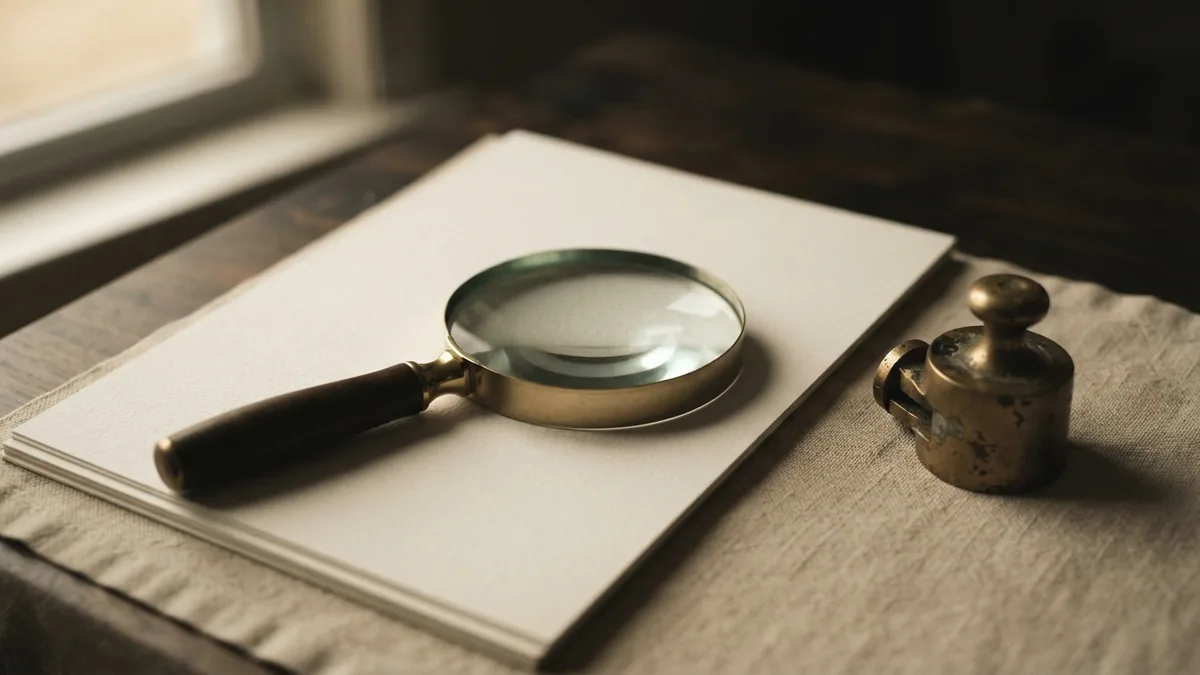 Glass magnifier over blank paper beside brass on warm beige linen