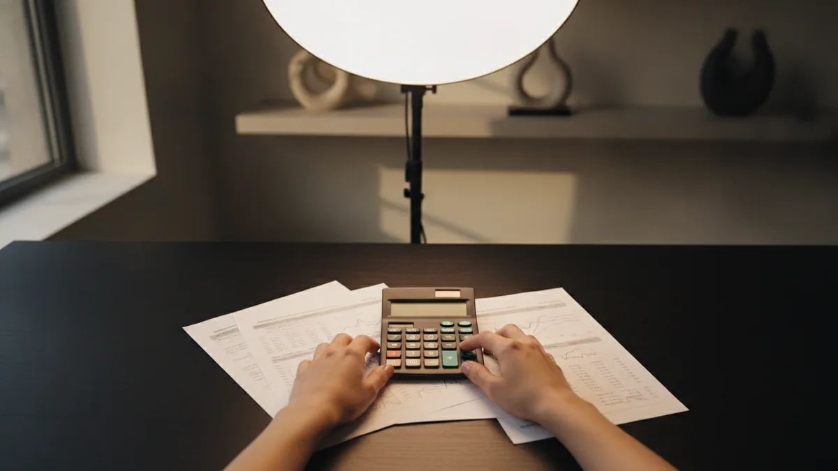 Hands working through share dilution figures with a calculator