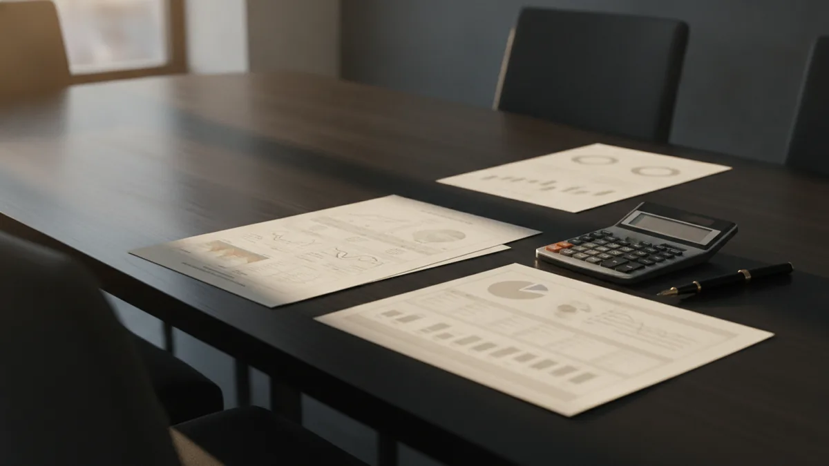Comparing fundraising scenarios Founder comparing funding scenarios on printed financial worksheets