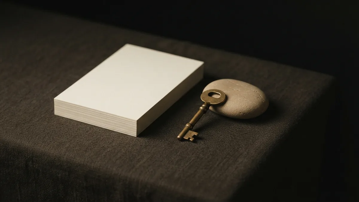 Objects representing protected ideas Brass key, stone, and blank papers representing protected intellectual property rights