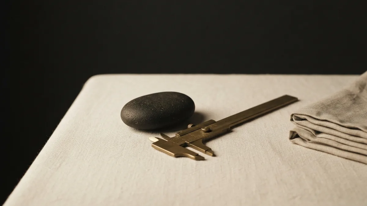 Brass caliper and stone beside linen representing technical legal skills