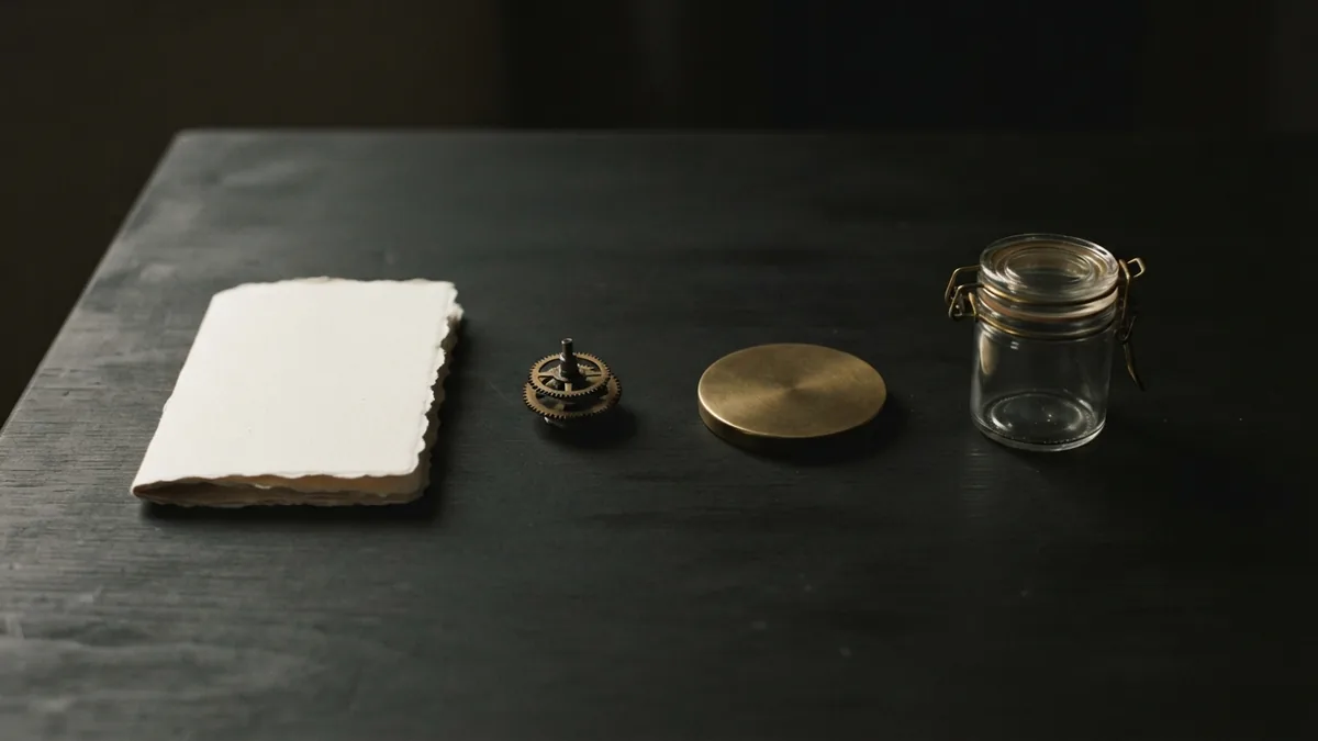Paper, mechanical part, brass disc and glass jar represent different kinds of intellectual property