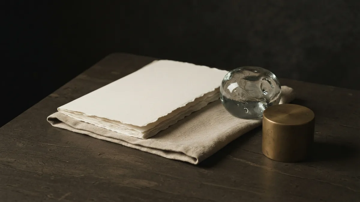 Paper, linen, glass, and brass represent different forms of intellectual property
