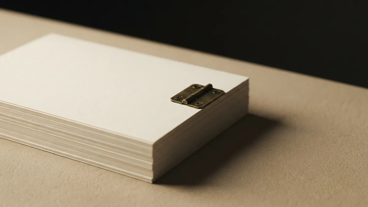 A still life for the consulting process Blank bone paper and brass hinge arranged on a warm beige tabletop