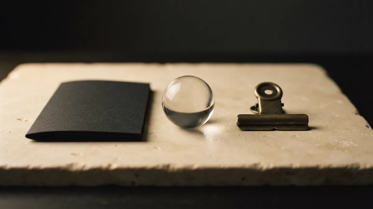 A still life for technology services Charcoal folder, glass sphere, and brass fastener in warm side light