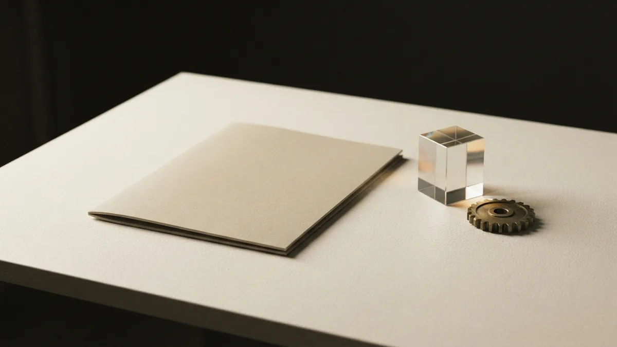 Glass, brass, and blank folders symbolising change in IT consulting