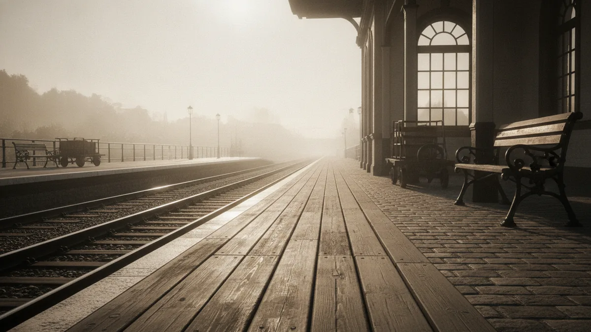 Railroad world setting Empty train station platform with tracks stretching into the distance.