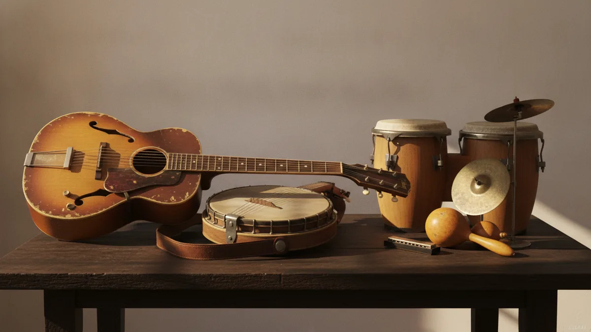 Wooden table with classic instruments representing mixed music influences.
