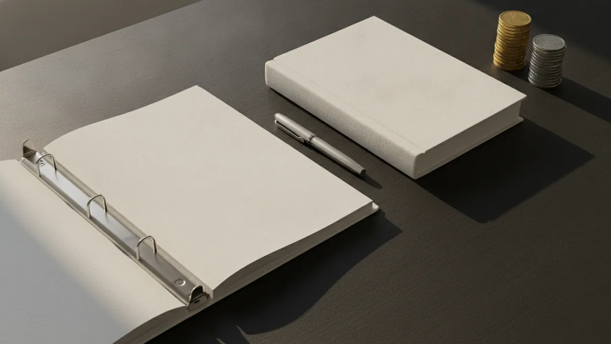 Organized legal agreement papers beside a financial ledger and signing pen