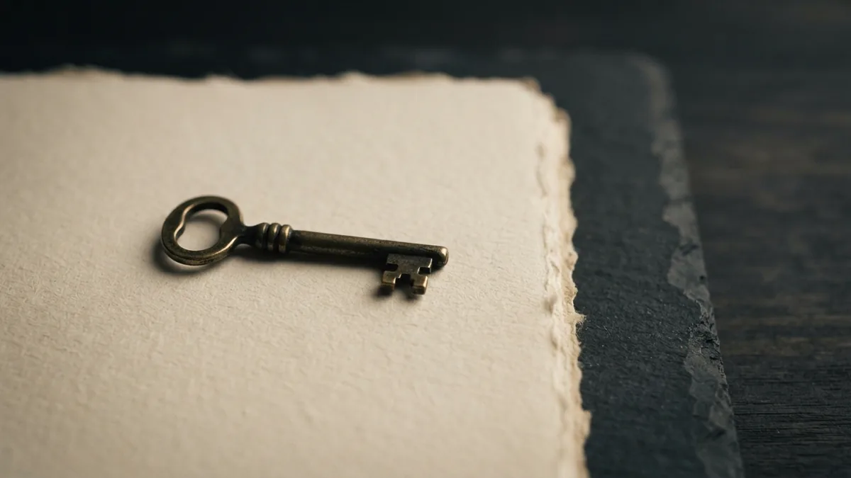 Trust under scrutiny Antique brass key and blank cream paper in deep shadow, suggesting questions of trust