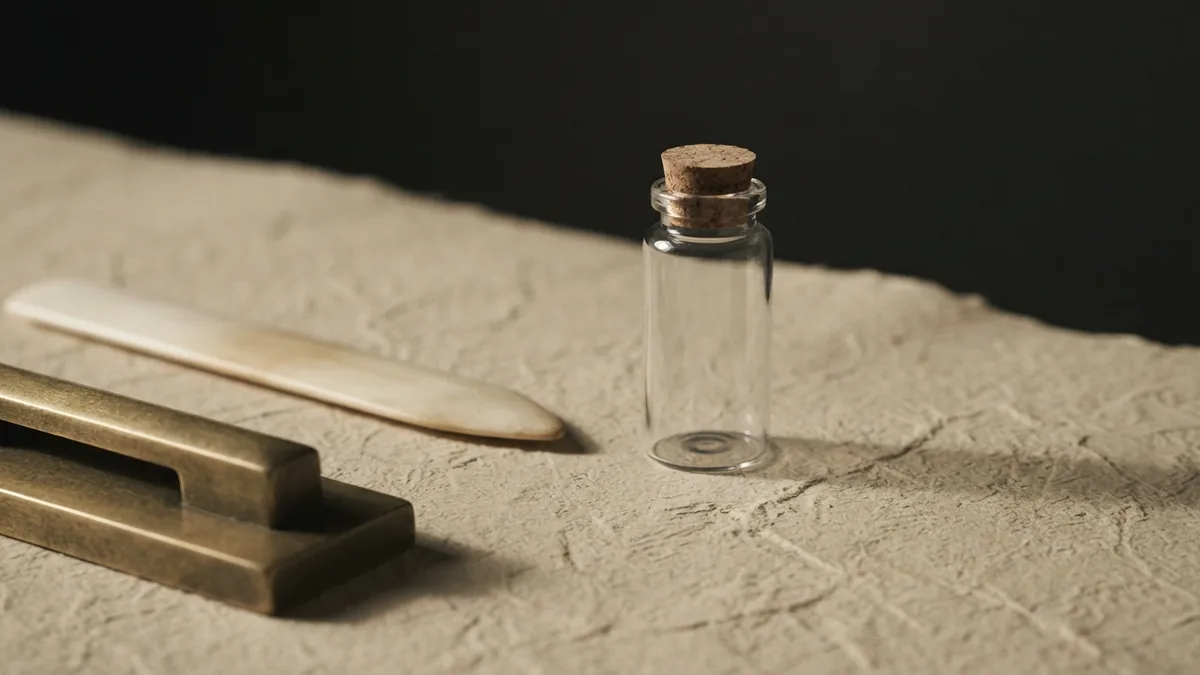 Blank vial and folder beside brass hardware representing health and payment duties