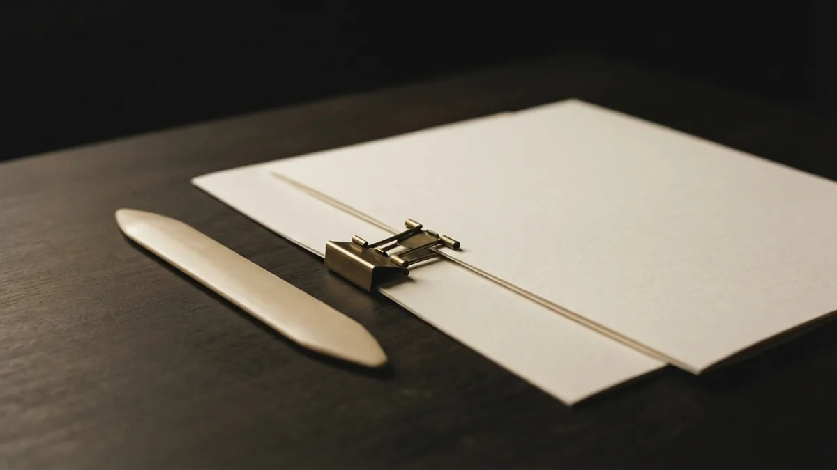 Objects symbolising acceptance Blank paper sheets and brass clip symbolising acceptance and contract formation