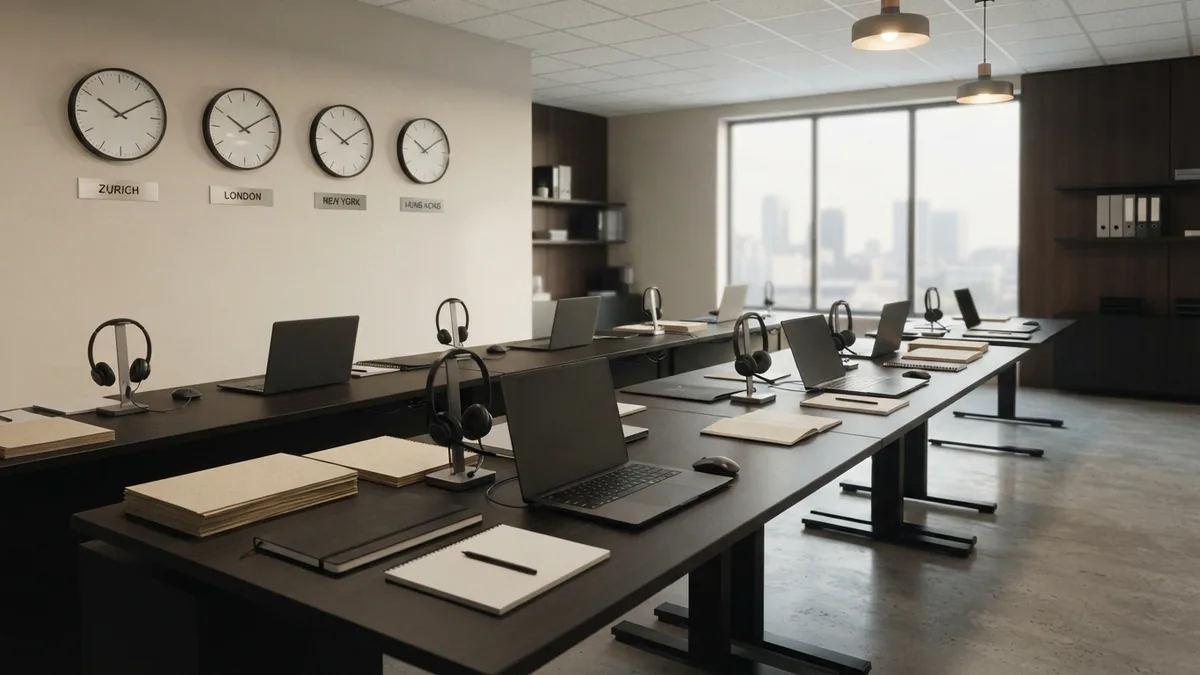 Organized service operations showing desks, headsets, and work schedules
