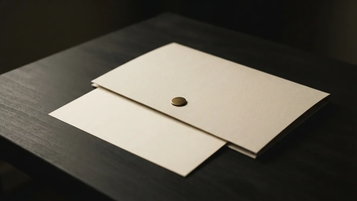 Blank paper and a folder in warm light Blank paper partly tucked beneath a closed folder with a brass fastener
