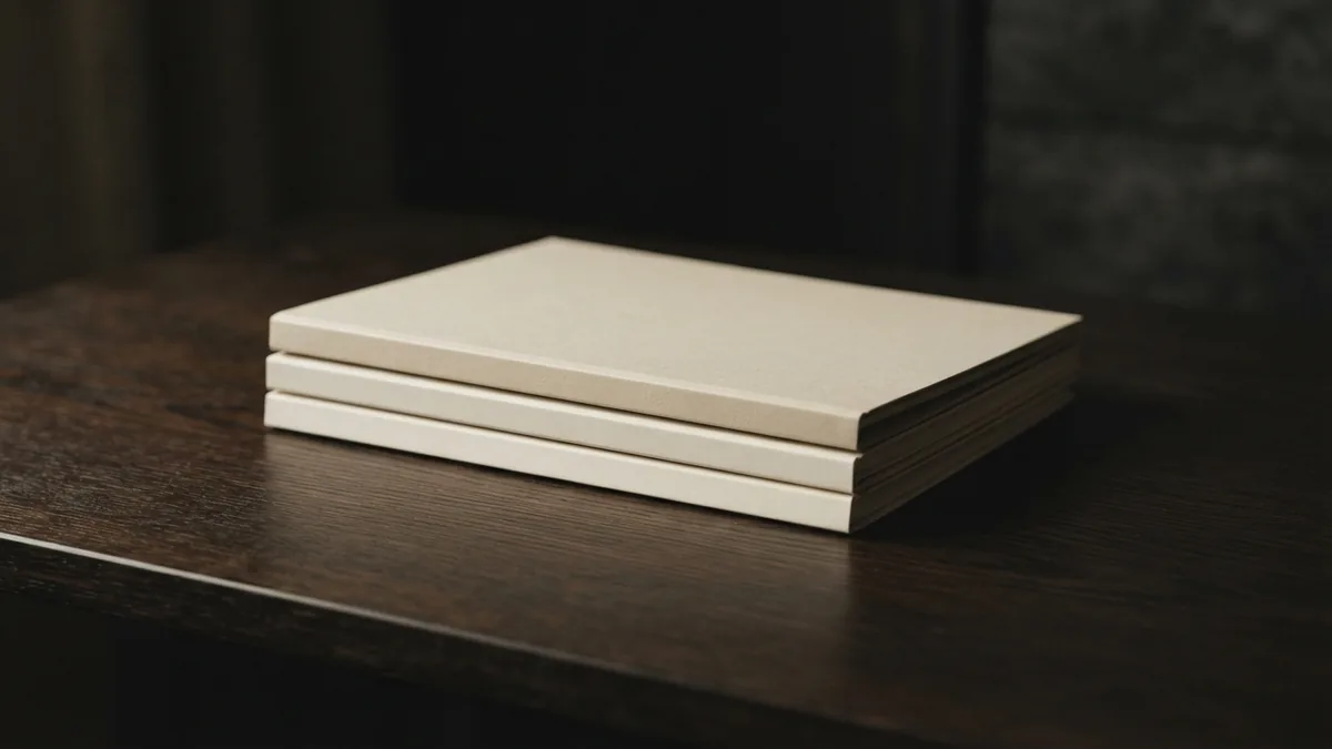 Folders arranged for a careful review Three closed blank folders set in order on a warm wooden surface