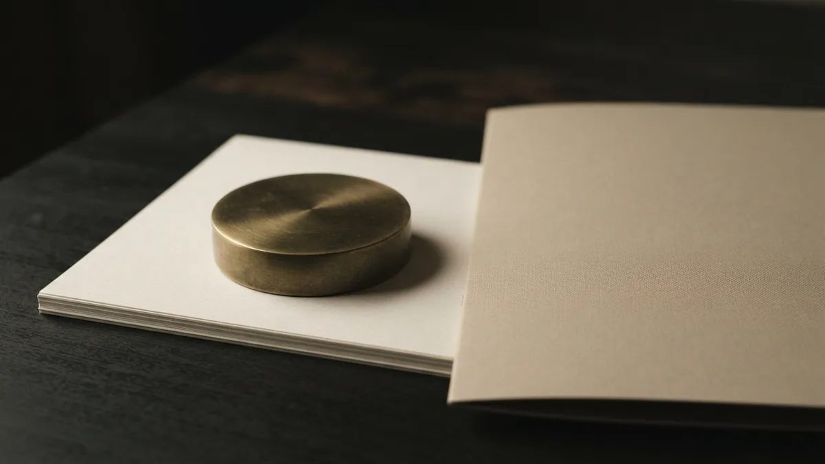 Brass paperweight beside a closed folder Muted brass paperweight beside blank paper and a closed beige folder