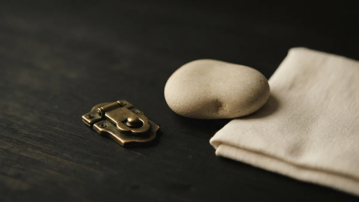 A tactile metaphor for card data safety Brass latch, stone, and linen arranged as a metaphor for protecting payment card data