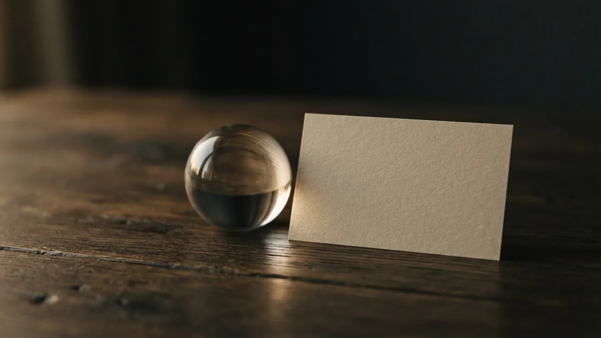 A still life about trust and protection Clear glass sphere beside a blank beige card on dark wood, evoking trust and careful protection
