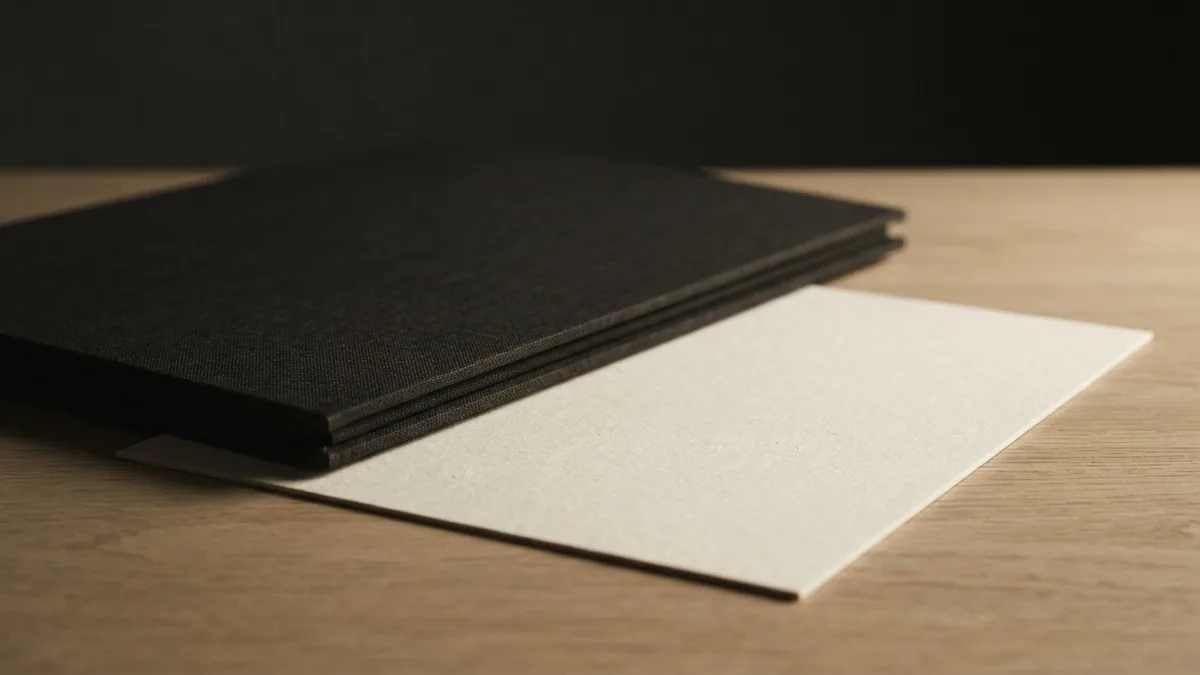 An orderly still life for payment duties Blank cream paper and closed charcoal folder arranged neatly on a beige tabletop
