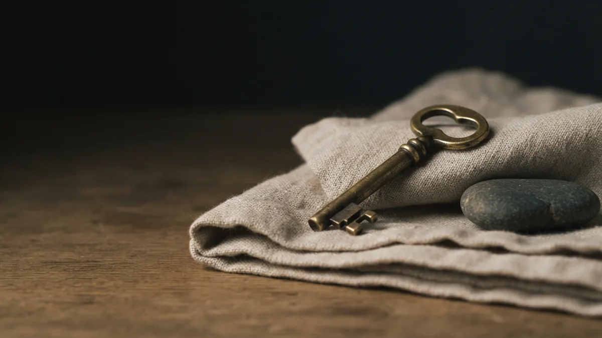 Antique brass key on folded linen beside a stone, suggesting controlled access and security