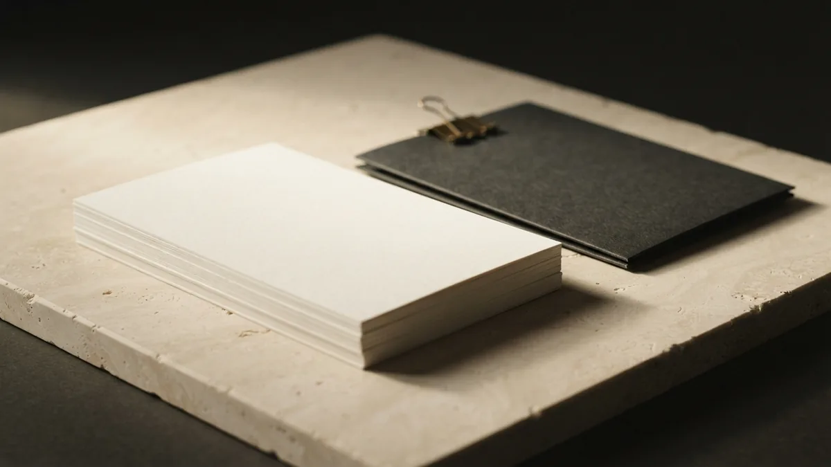 A quiet still life for the assessment process Stacked blank paper, closed folder, and brass clip arranged as a careful review still life