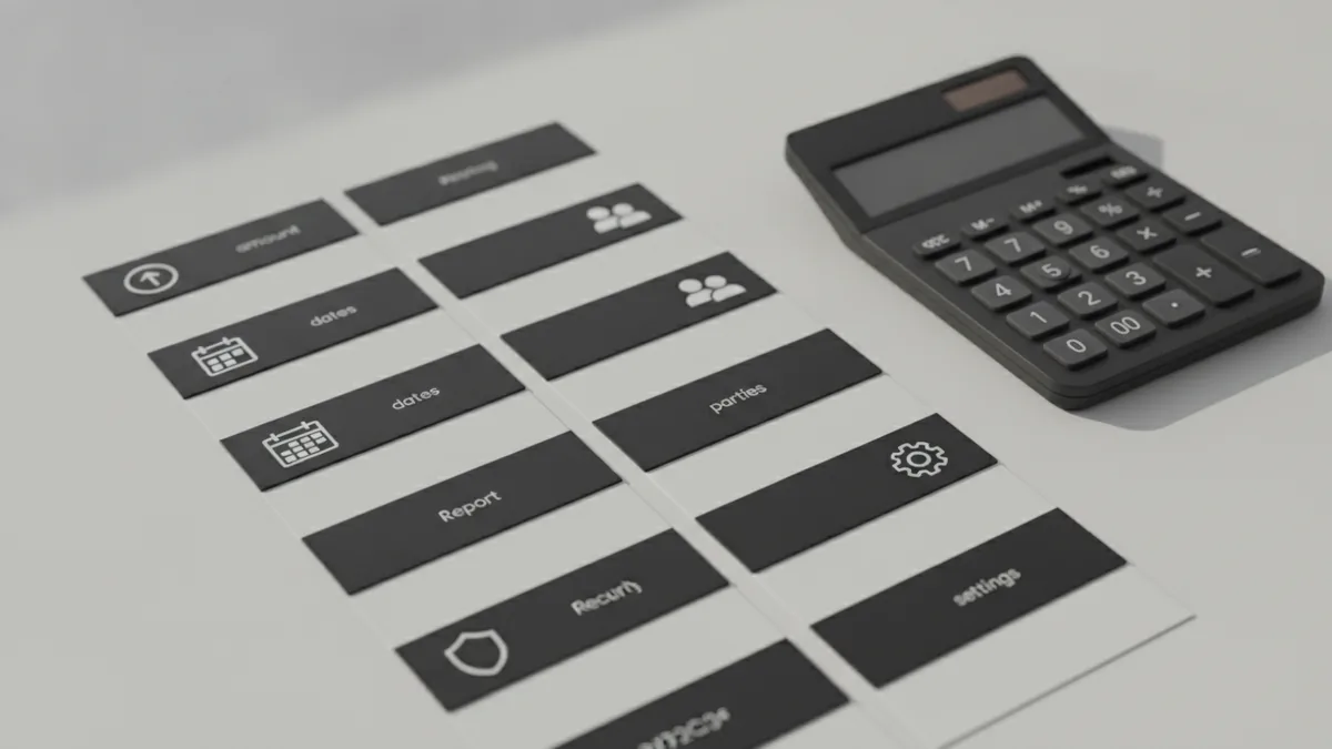 Structured terms cards and calculator representing note components