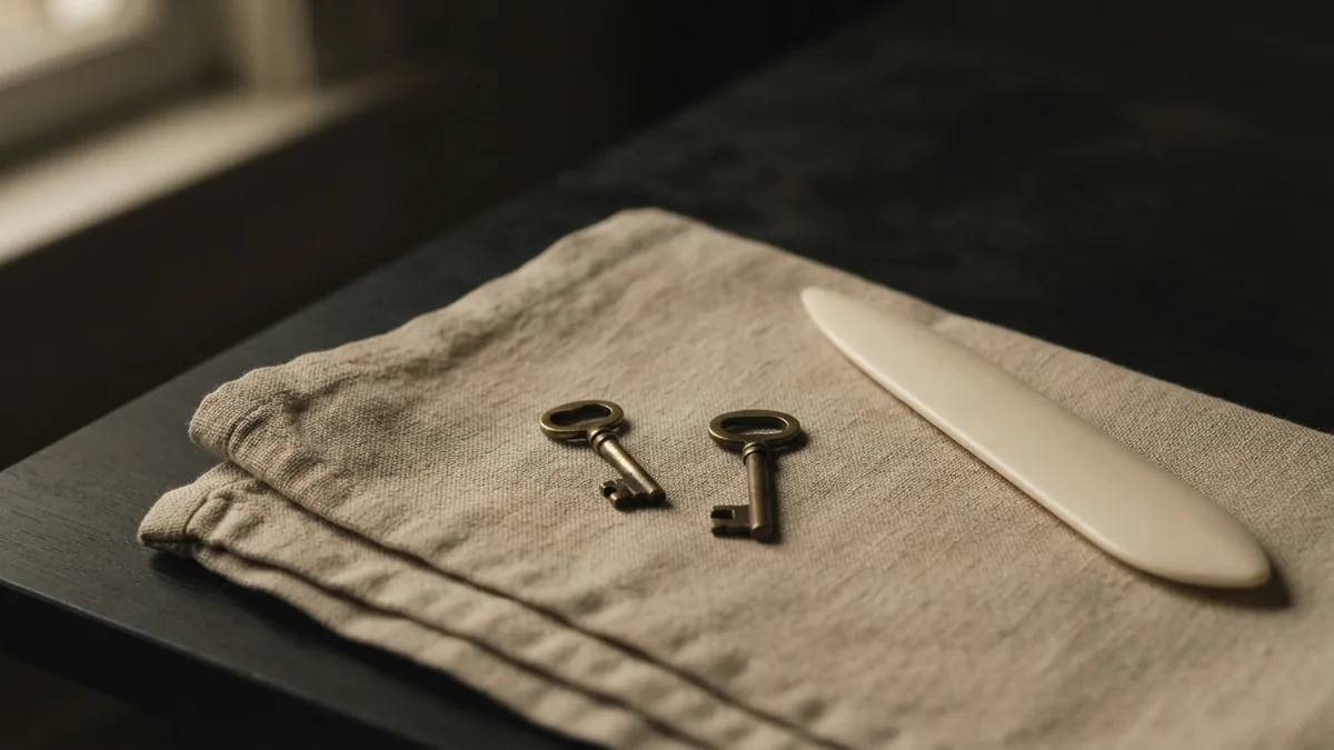 Two brass keys on folded linen beside a closed folder for payment security
