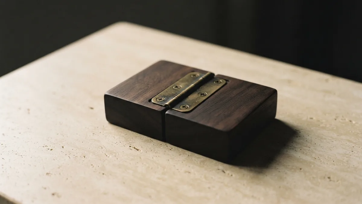 Connected financial services still life Brass hinge joining two wood blocks to represent connected financial services