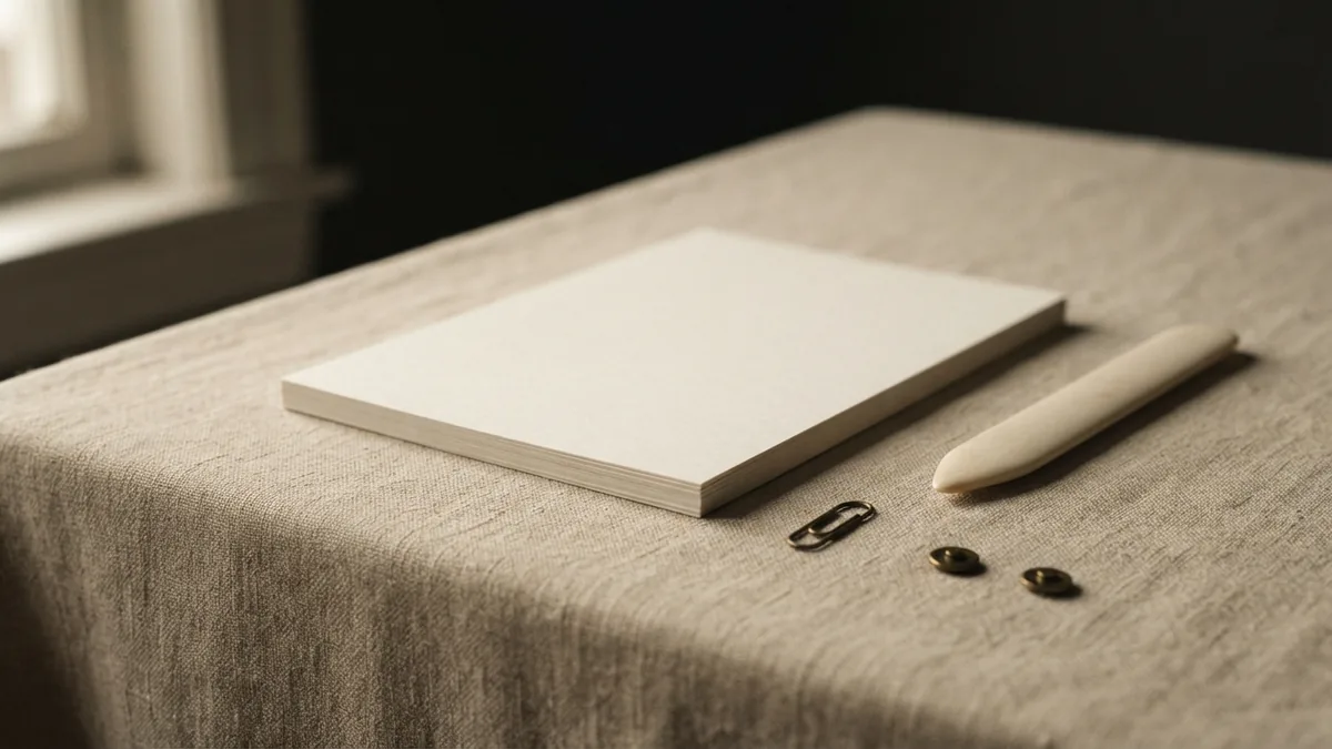 Blank paper and brass hardware arranged on folded beige linen for credit coverage