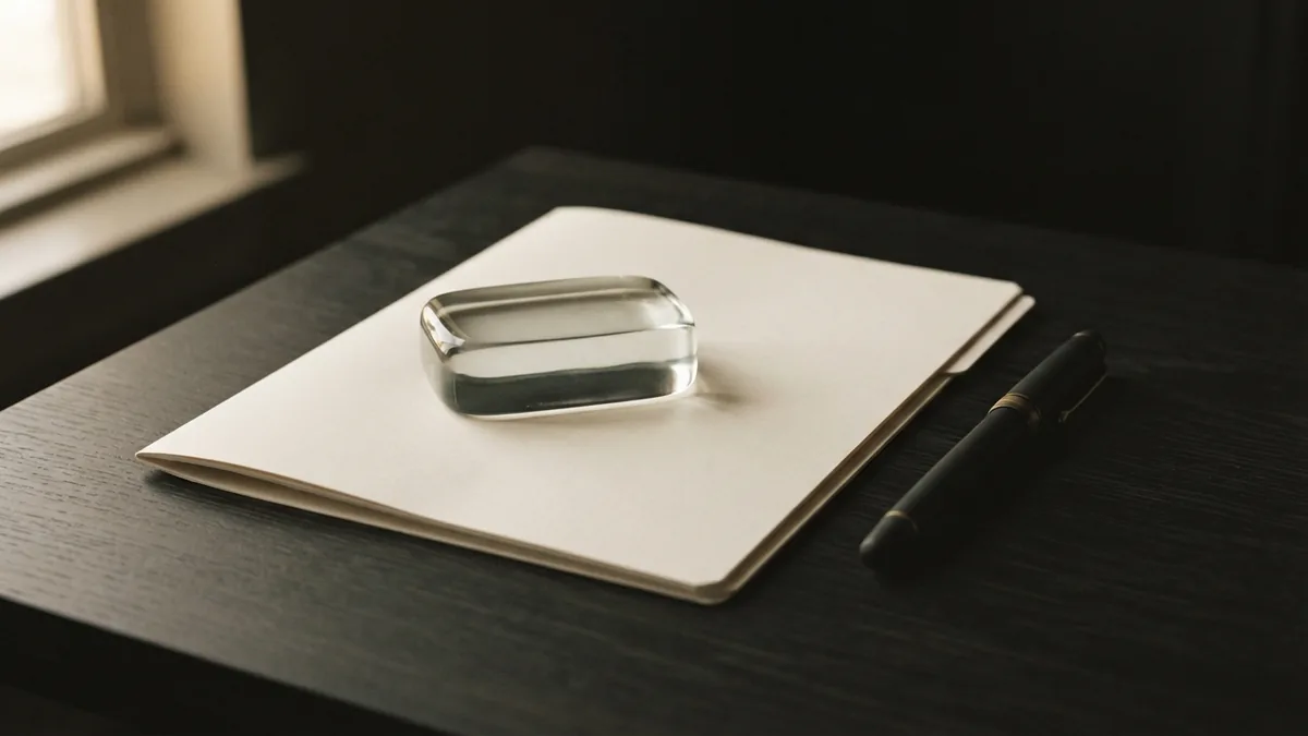 Closed folder, glass weight, and fountain pen in a warm minimalist compliance still life