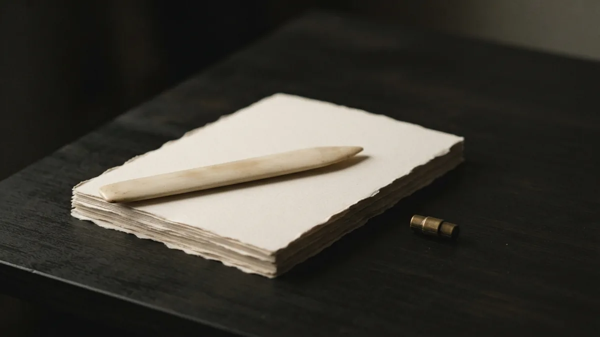Blank sheets and brass clasp beside an open folder on dark wood