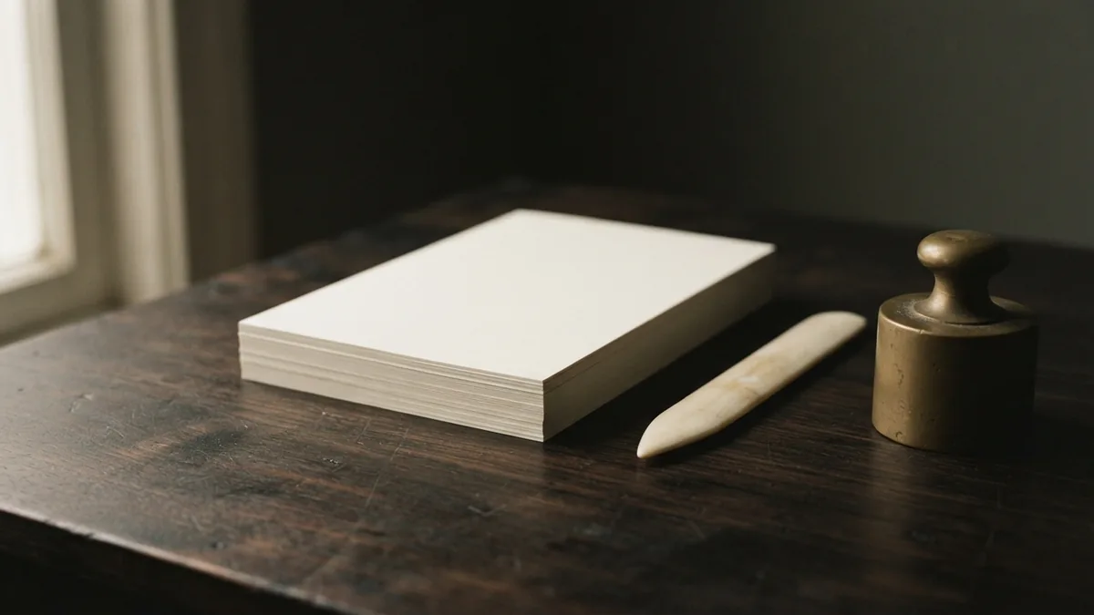 Unmarked cream papers and brass weight arranged as a calm legal brand study