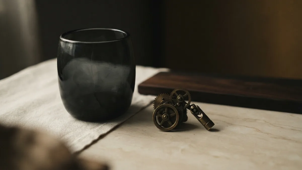 Distinct glass and brass forms on linen and wood in warm muted tones