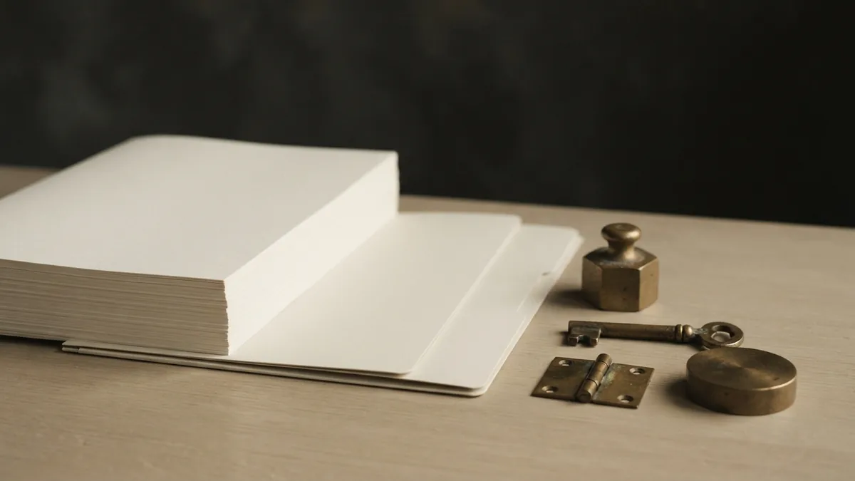 Blank folders and stacked paper beside brass hardware on a beige tabletop