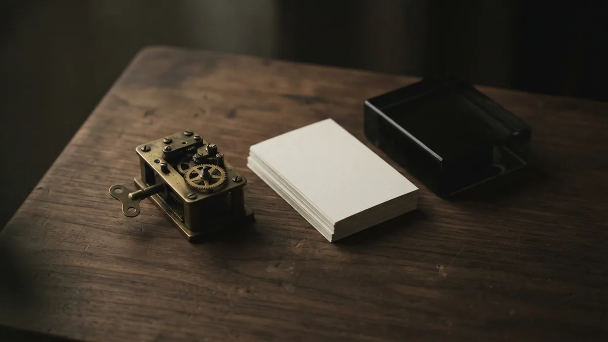 Brass mechanical device beside blank cards and dark glass on a wood surface
