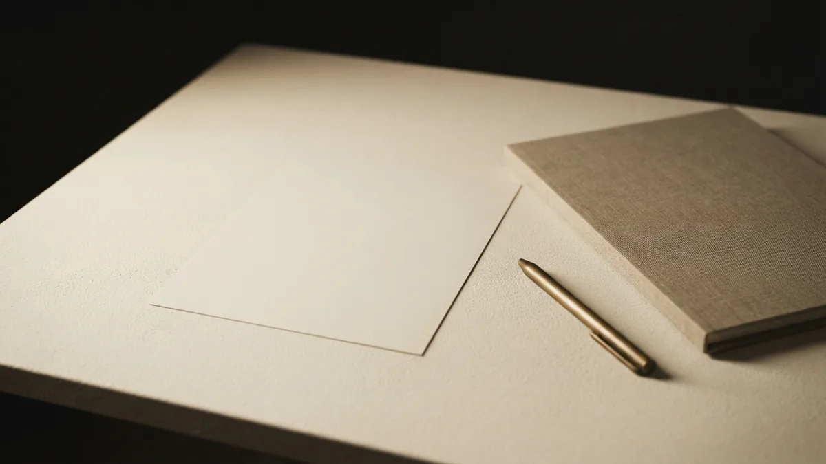 Blank sheet, linen folder, and brass pen arranged for focused legal research