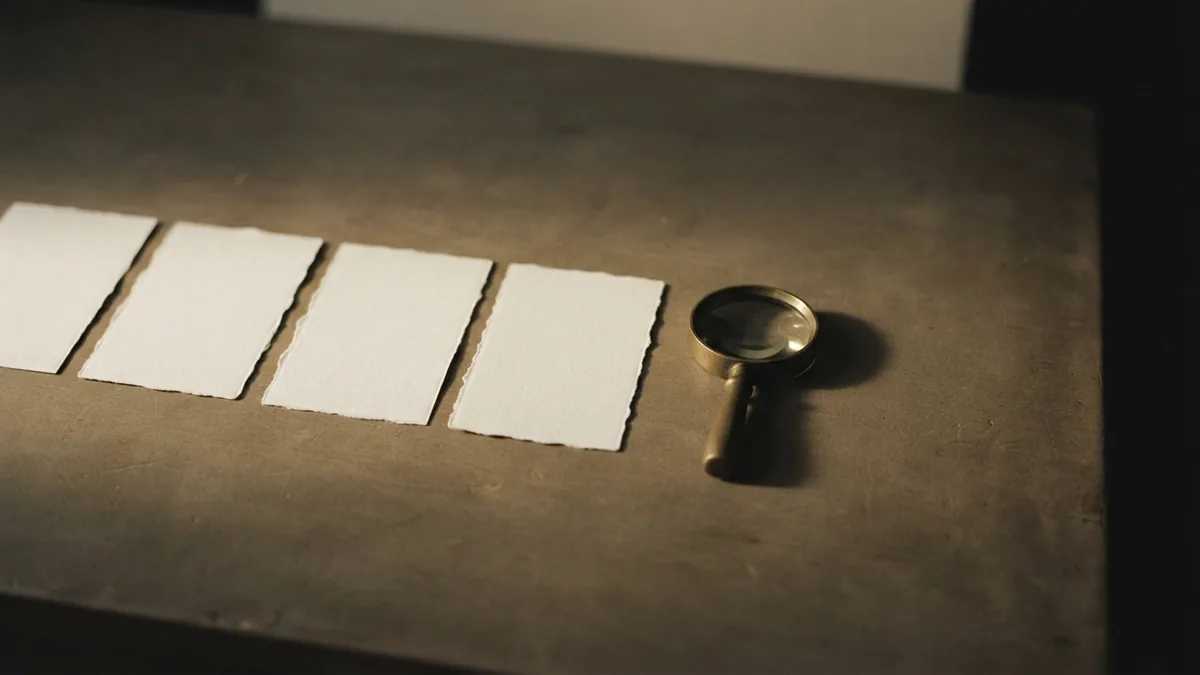 Careful review of source details Blank cards and a brass magnifying lens set out for careful review